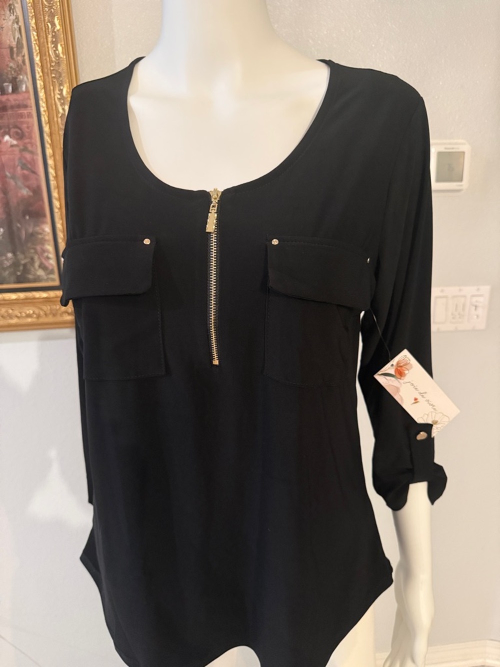 Women’s Black Zip-Front Blouse with Chest Pockets